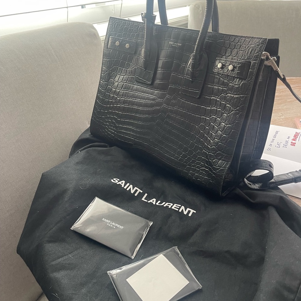 Black ysl SAC DE JOUR EMBOSSED CROCODILE SHINY LEATHER
